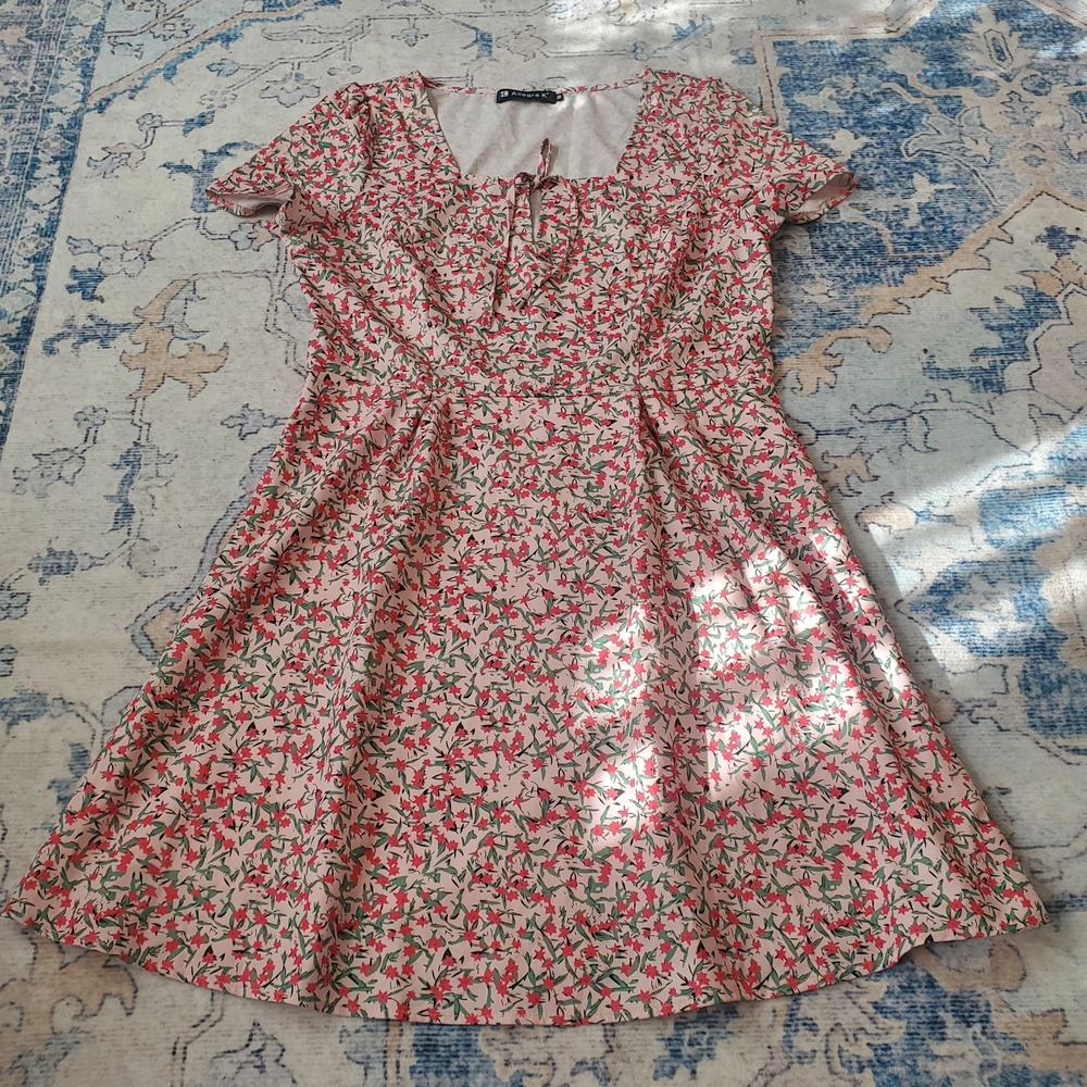 Allegra K Pink Floral Mini Dress with Green Leaf Print